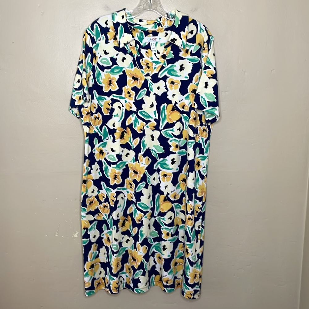 Denim & Company Shift Dress Printed Jersey Polo Collar Y-Neck Blue & Green Lg